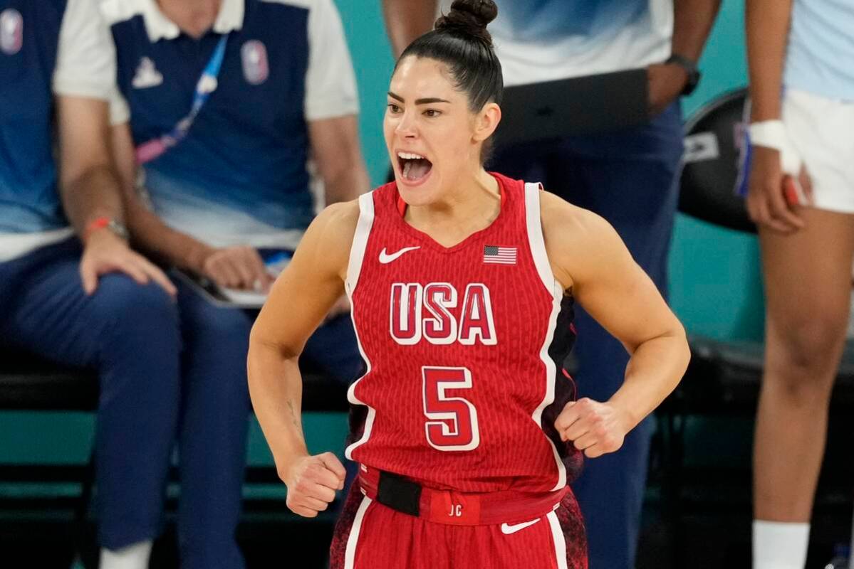 United States' Kelsey Plum (5) reacts after a three pointer during a women's gold medal basketb ...