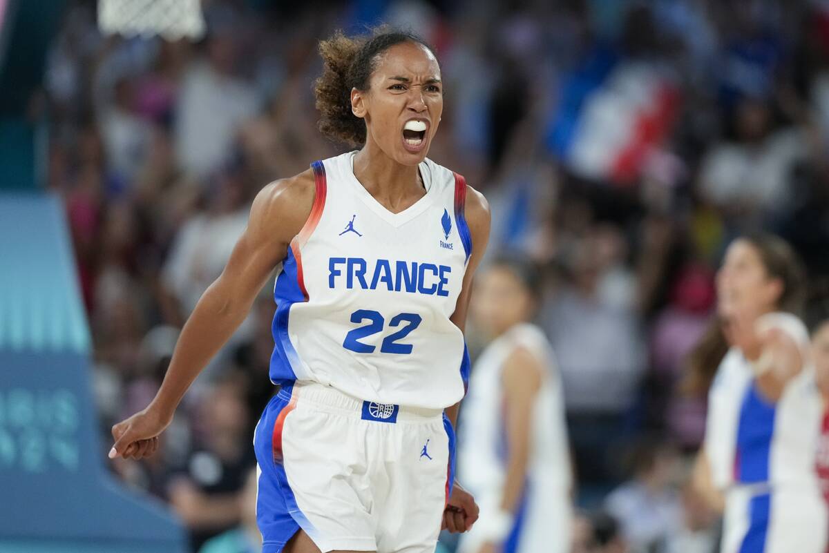 Marieme Badiane (22), of France, reacts during a women's gold medal basketball game at Bercy Ar ...