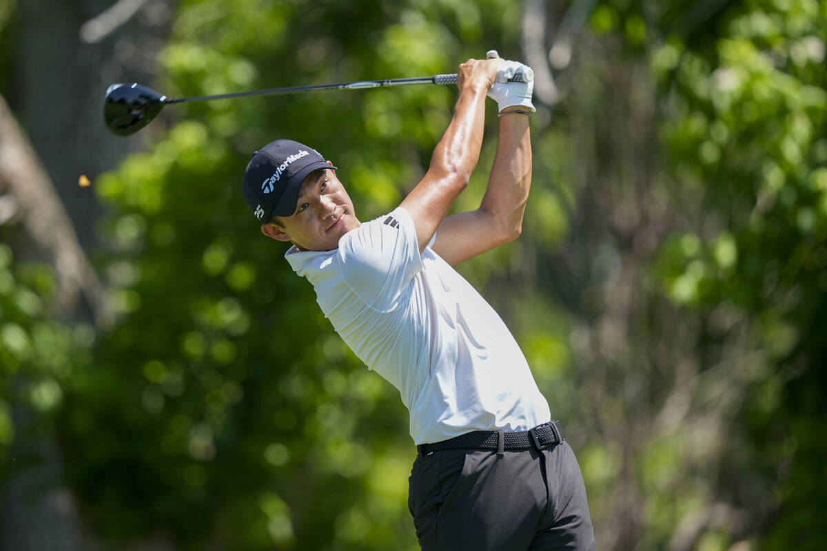 Collin Morikawa tees off the sixth hole during the first round of the Charles Schwab Challenge ...