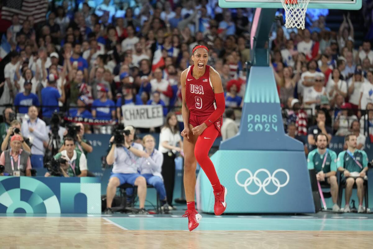 United States' A'ja Wilson (9) reacts during a women's gold medal basketball game at Bercy Aren ...