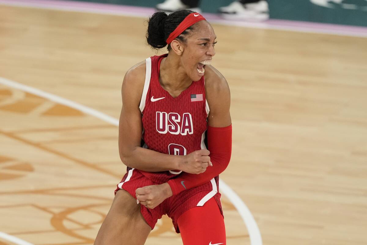 United States' A'ja Wilson (9) reacts during a women's gold medal basketball game at Bercy Aren ...