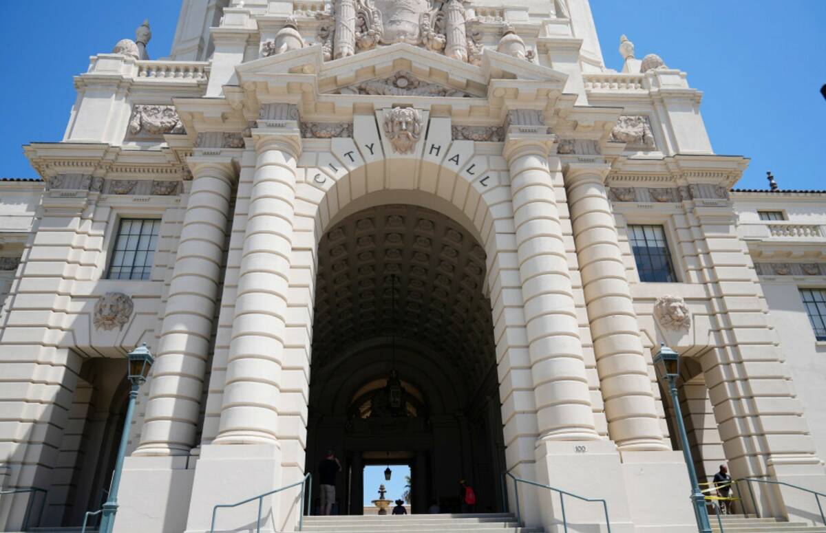 An overall view of Pasadena City Hall is seen Monday, Aug. 12, 2024, in Pasadena, Calif, after ...