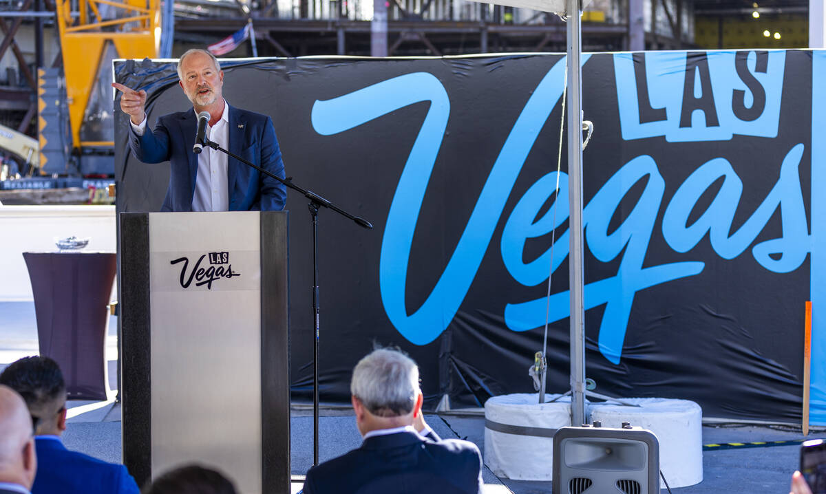 LVCVA President and CEO Steve Hill speaks during a topping-off ceremony for the Phase 3 renovat ...