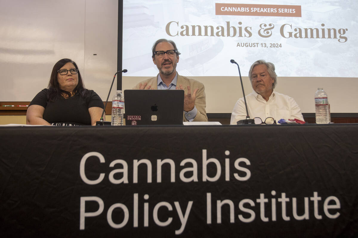 From left: gaming law expert Jennifer Roberts, cannabis attorney Bob Hoban, and Clark County Co ...