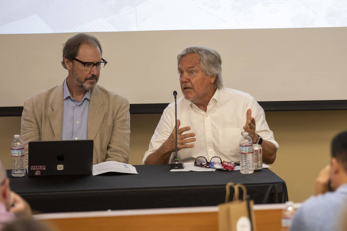 Cannabis attorney Bob Hoban, left, and Clark County Commissioner Tick Segerbloom, right, speak ...