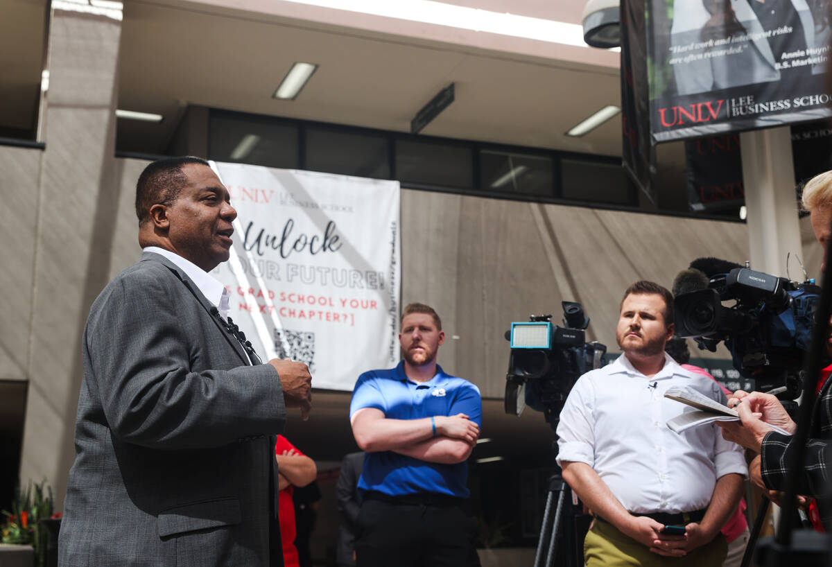 Keith Whitfield, president of UNLV, speaks to media during a tour of Beam Hall at UNLV in Las V ...