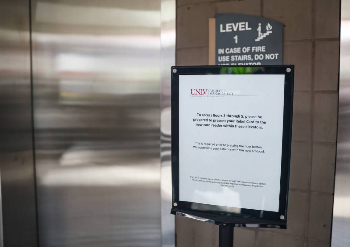 A sign explaining that Rebel Cards are required to use the elevators at Beam Hall at at UNLV in ...