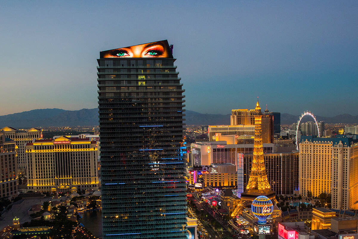 An aerial view of the Cosmopolitan, where a 2024 Formula One Las Vegas Grand Prix watch party w ...