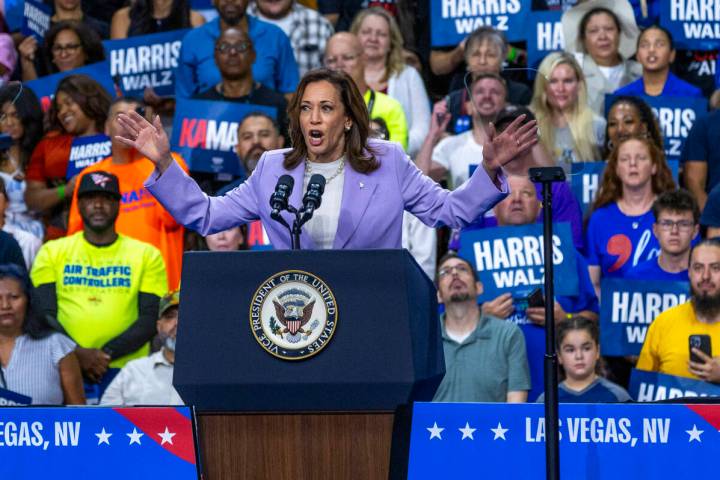 Vice President Kamala Harris speaks during a campaign rally at UNLV’s Thomas & Mack ...