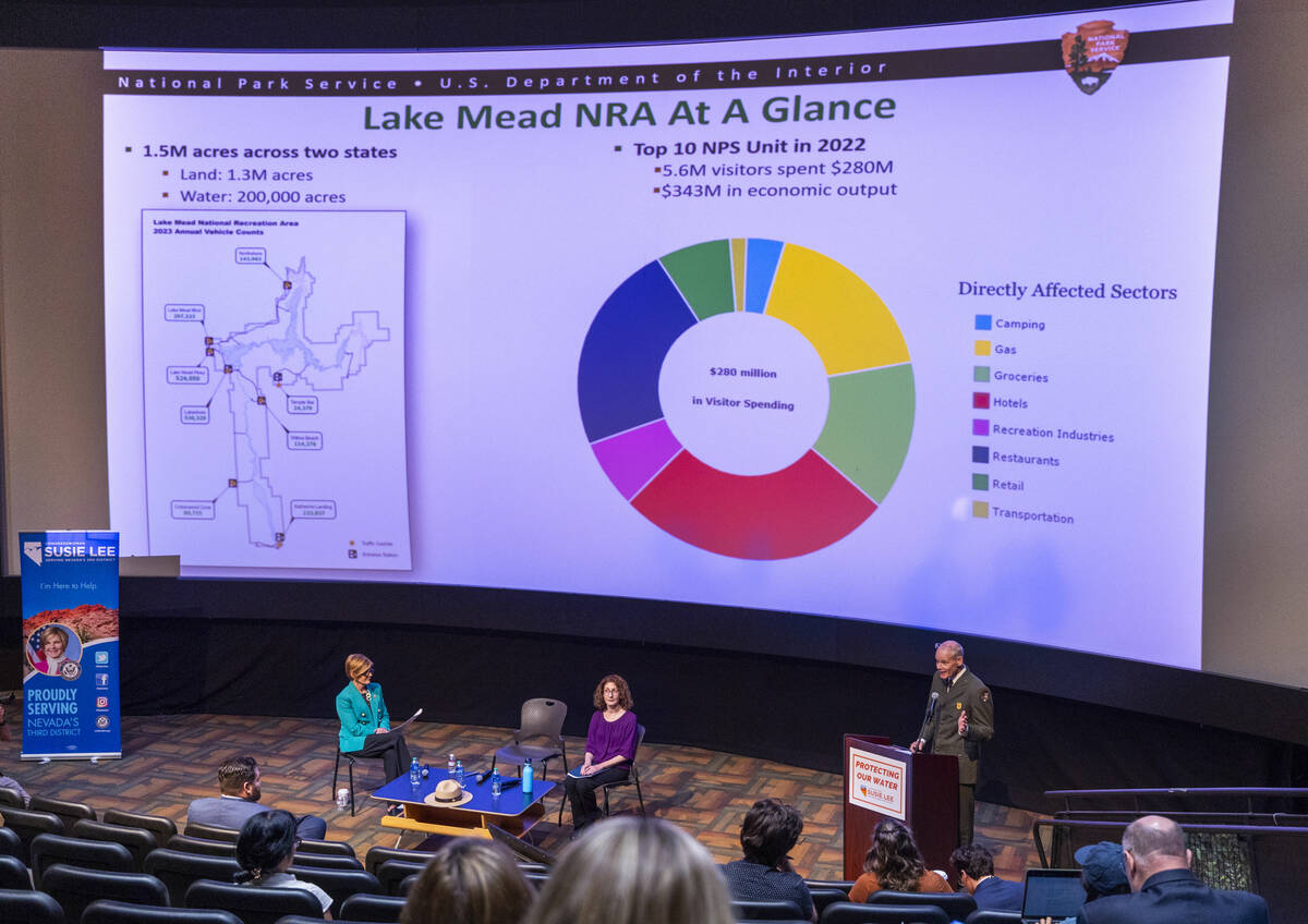 (From right) Lake Mead National Recreation Area Superintendent Mike Gauthier speaks during the ...