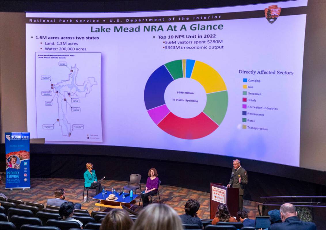 (From right) Lake Mead National Recreation Area Superintendent Mike Gauthier speaks during the ...