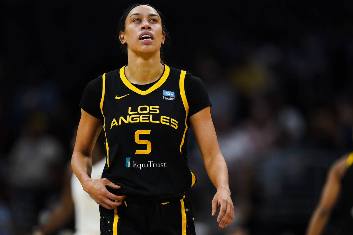 Los Angeles Sparks forward Dearica Hamby (5) reacts against the Las Vegas Aces during the first ...