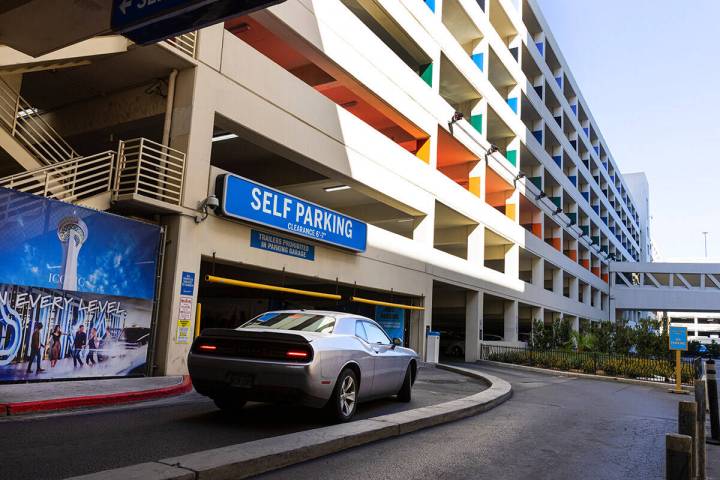 A car enters a parking garage at The Strat, on Monday, March 27, 2023, in Las Vegas. (Bizuayehu ...