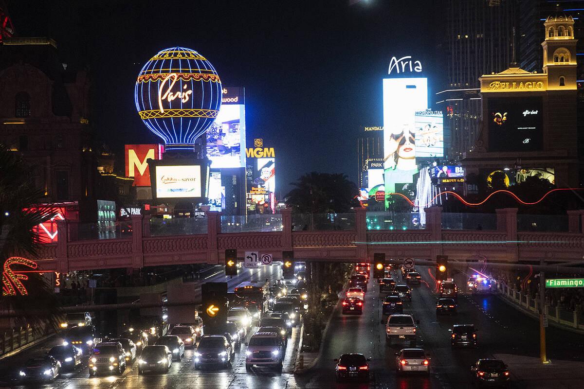 Traffic is backed up on on the Strip near Bally's and the Bellagio hotel-casino on July 10, 202 ...