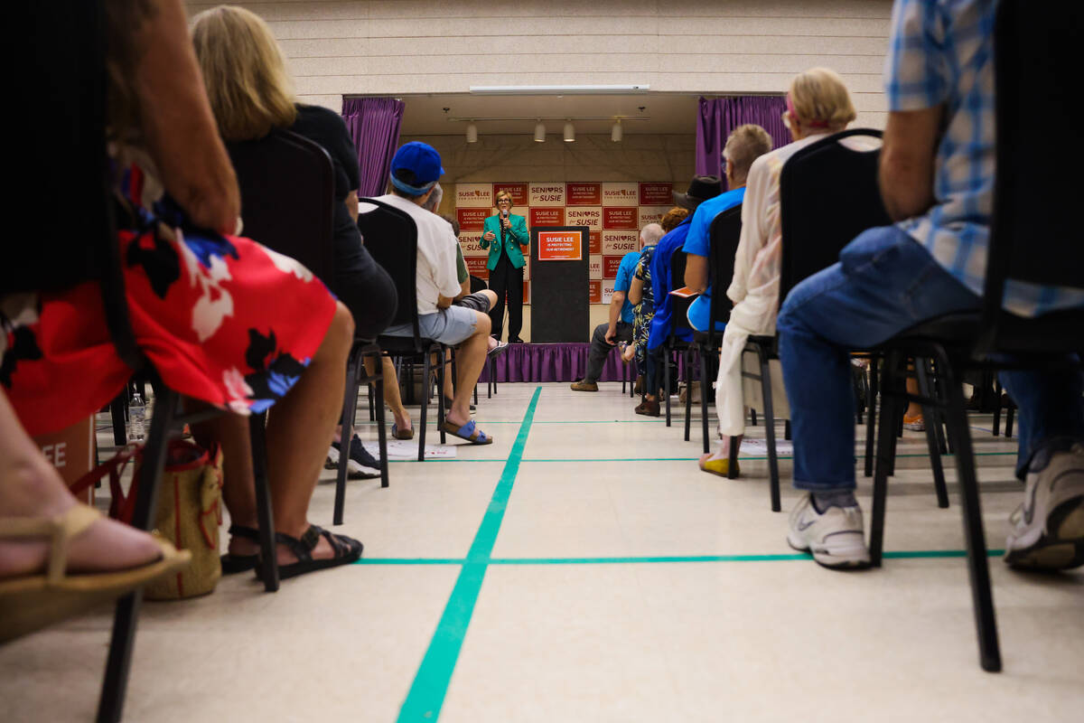 Rep. Susie Lee, D-Nev., speaks to a crowd during a small rally hosted by Lee and End Citizens U ...