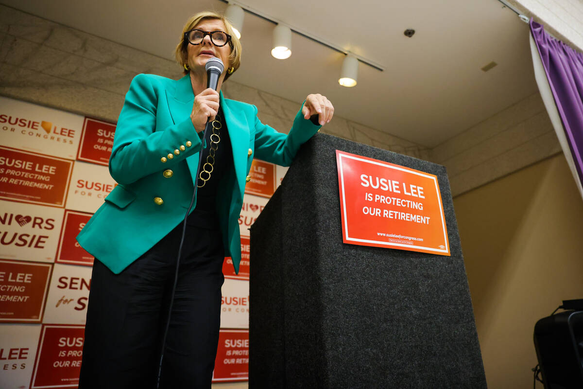 Rep. Susie Lee, D-Nev., speaks to a crowd during a small rally hosted by Lee and End Citizens U ...