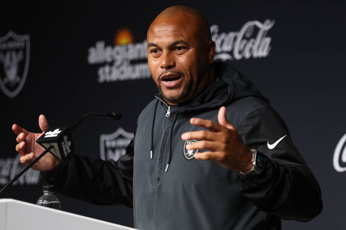 Raiders head coach Antonio Pierce speaks during a news conference before an NFL football practi ...