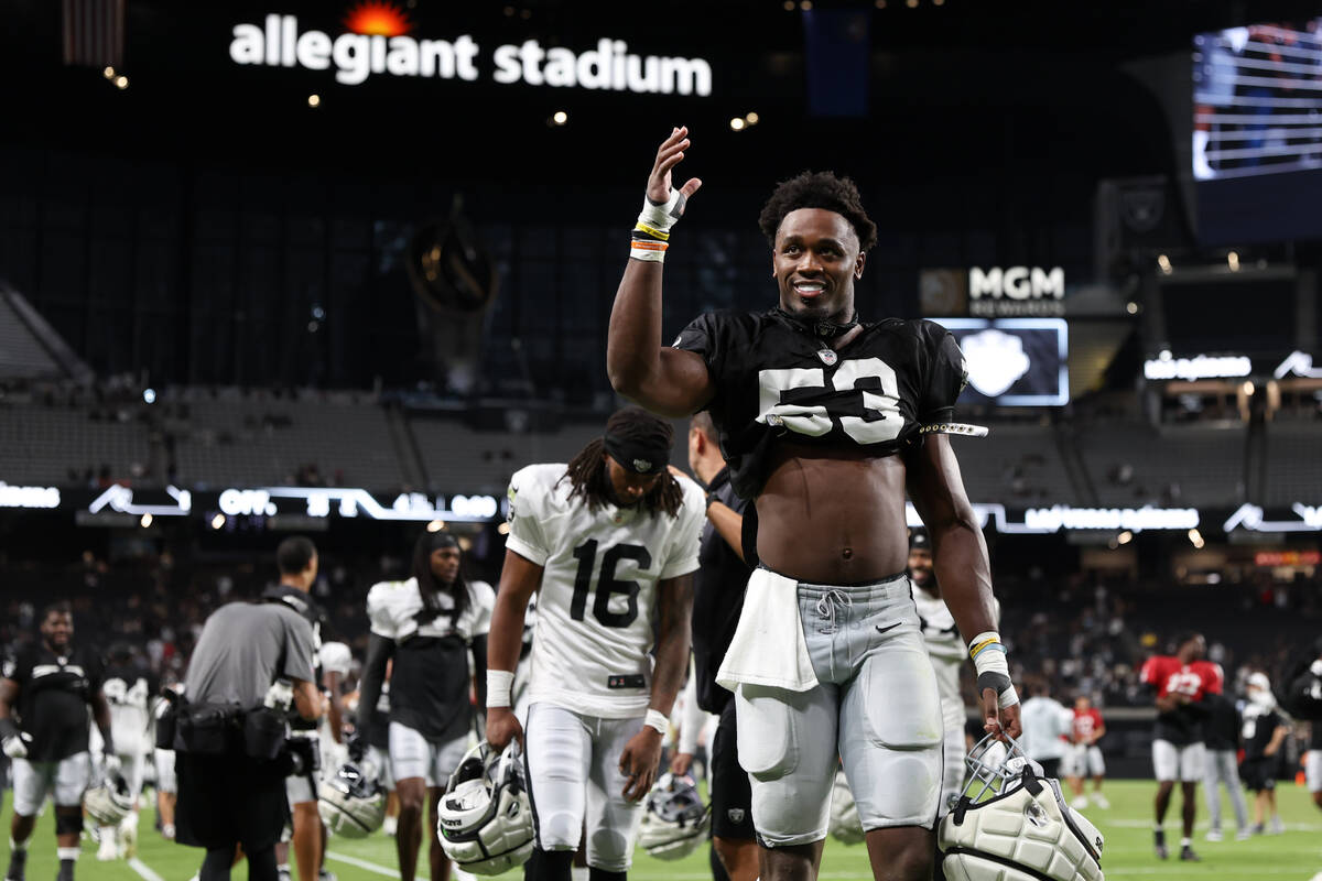 Raiders linebacker Amari Gainer (53) leaves the field after an NFL football practice at Allegia ...