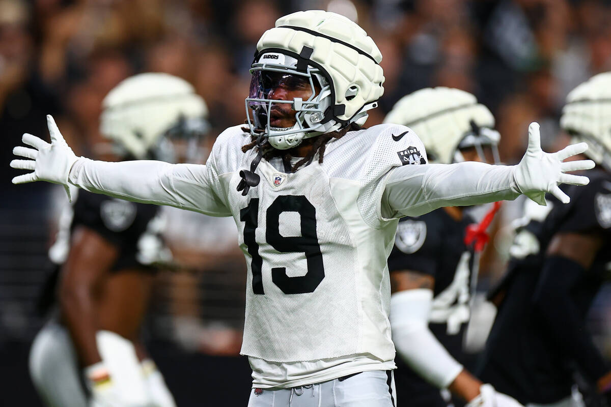 Raiders wide receiver DJ Turner (19) celebrates a play during an NFL football practice at Alleg ...