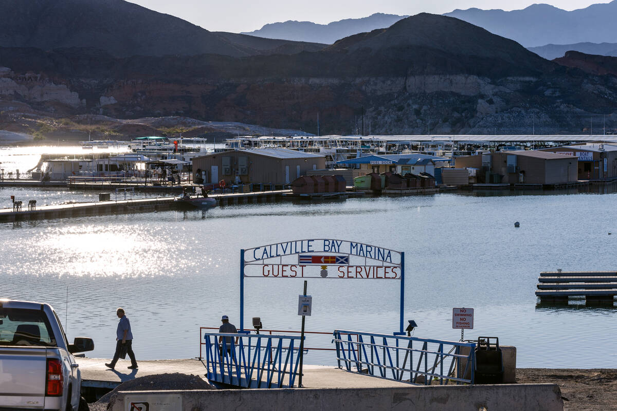 Visitors arrive at the Callville Bay Marina at Lake Mead on Thursday, Aug. 15, 2024, near Bould ...