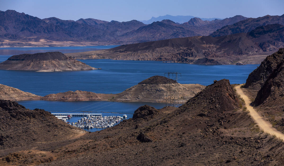 The Lake Mead Marina is in view from the Hoover Dam Lodge Trailhead within the Lake Mead Nation ...