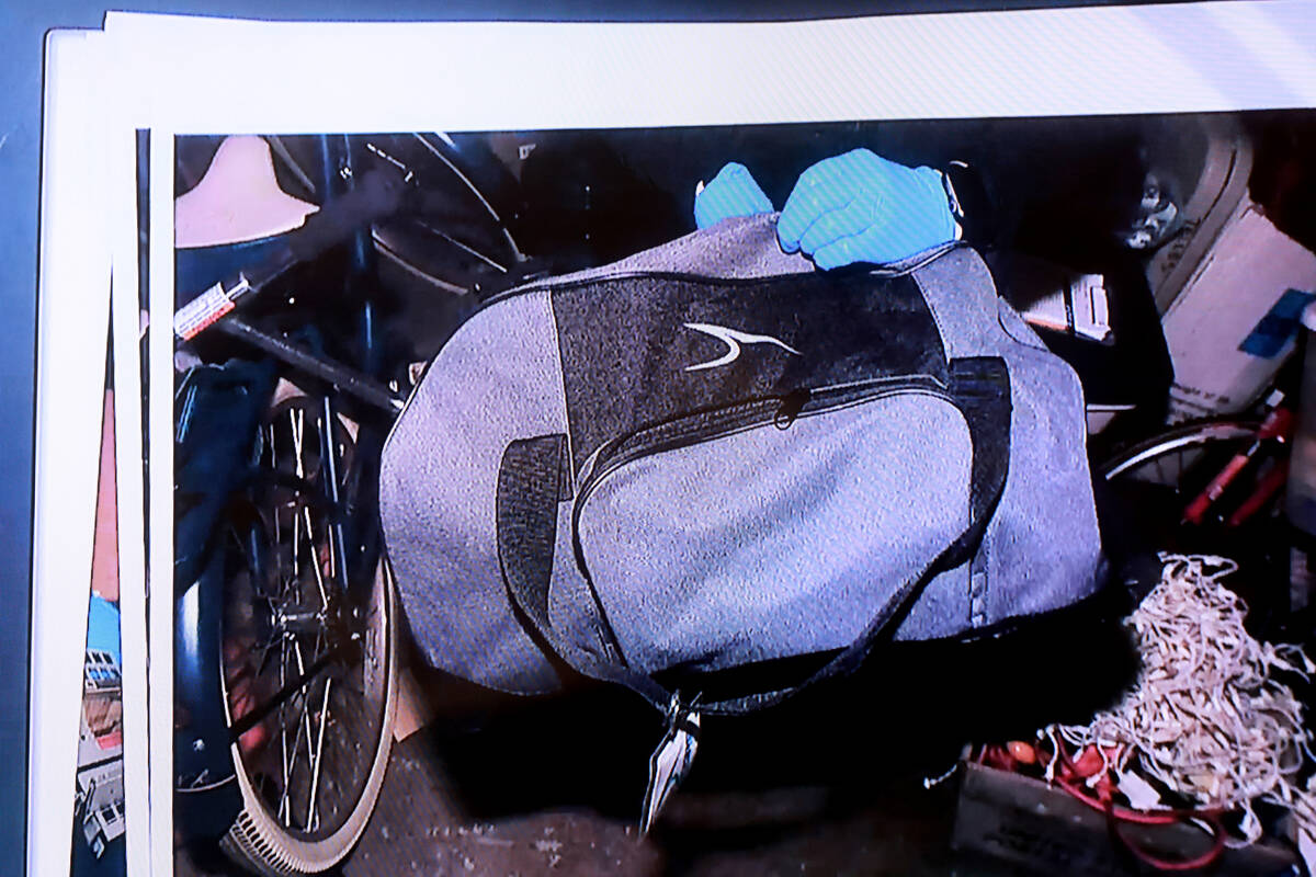 A duffle bag is shown in an evidence photo on the fourth day of the murder trial for Robert Tel ...