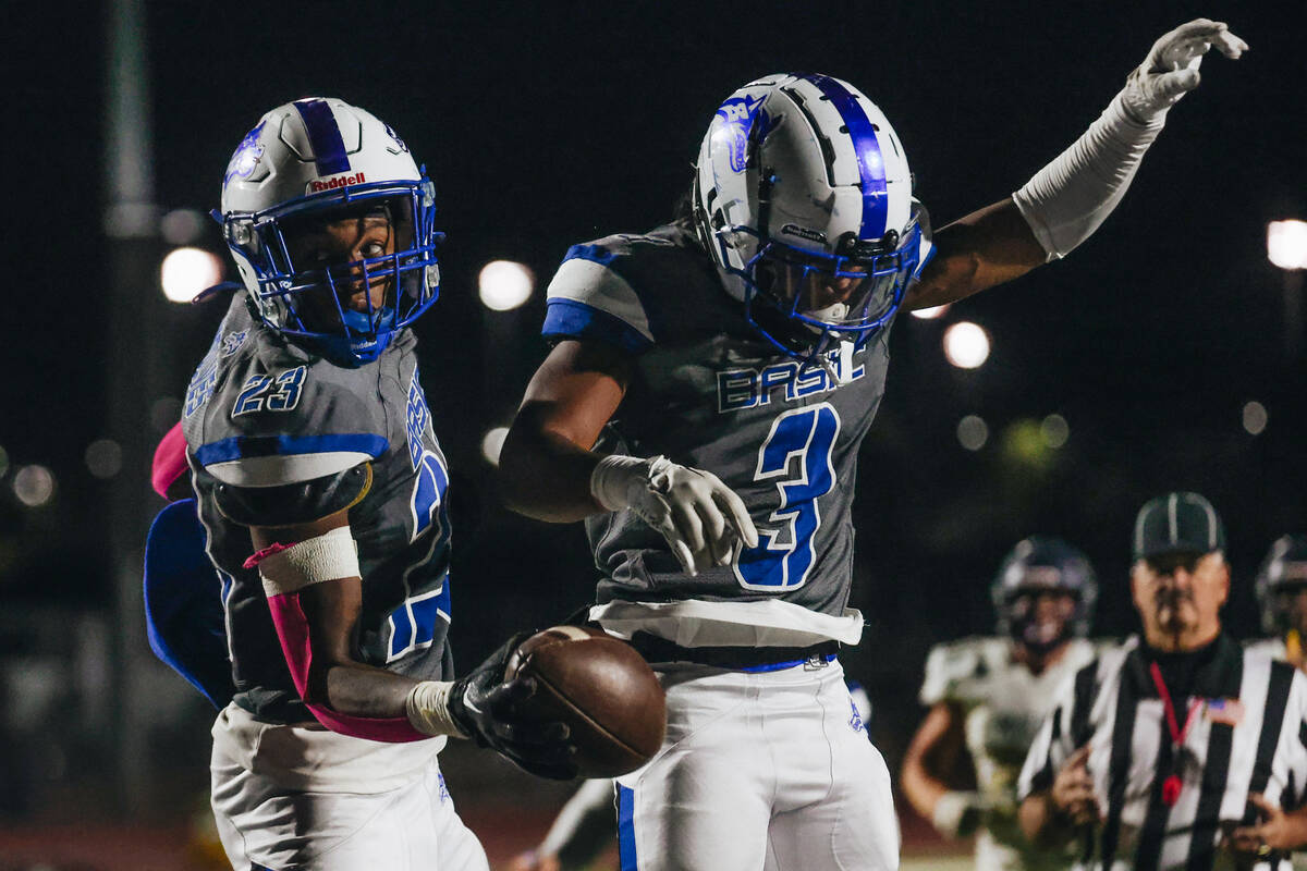 Basic wide receiver Zuri Whiters (23) and running back Brandon Griffin (3) celebrate a touchdow ...