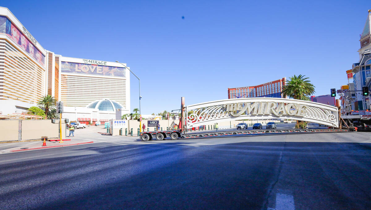 The Mirage sign that graced the entrance to the resort for 34 years is removed to be taken to T ...