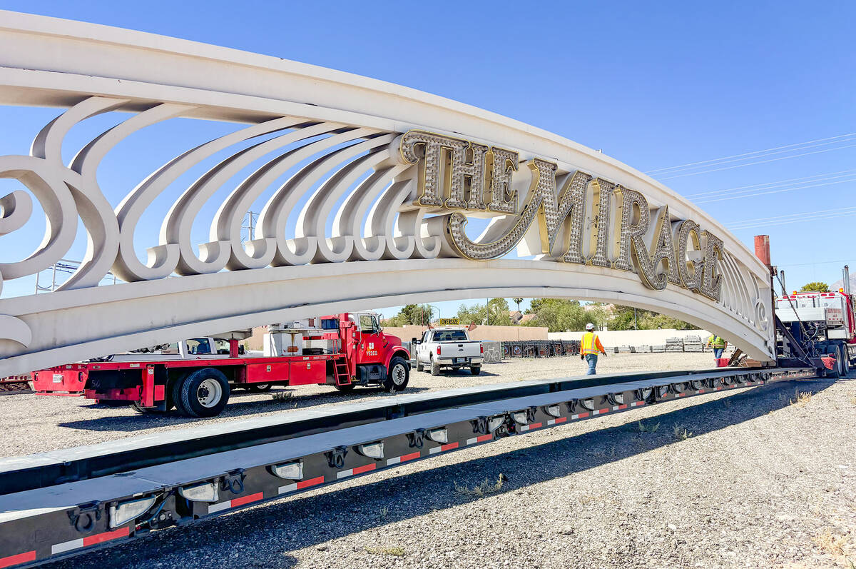 The Mirage sign that graced the entrance to the resort for 34 years is removed to be taken to T ...