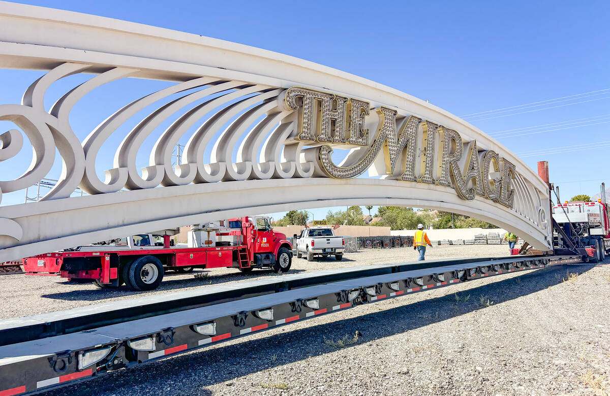 The Mirage sign that graced the entrance to the resort for 34 years is removed to be taken to T ...