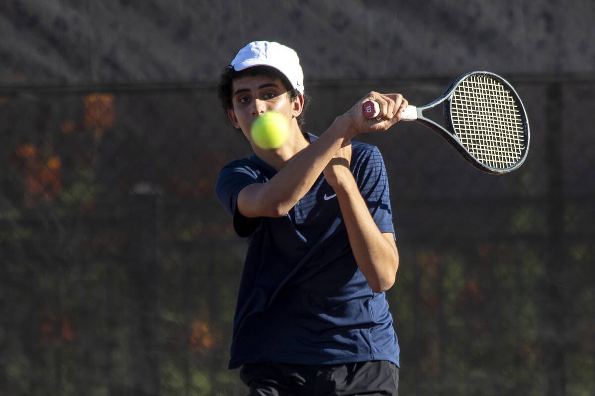 The Meadows senior Ryan Zahri competes during the tennis matches against Faith Lutheran at Fait ...