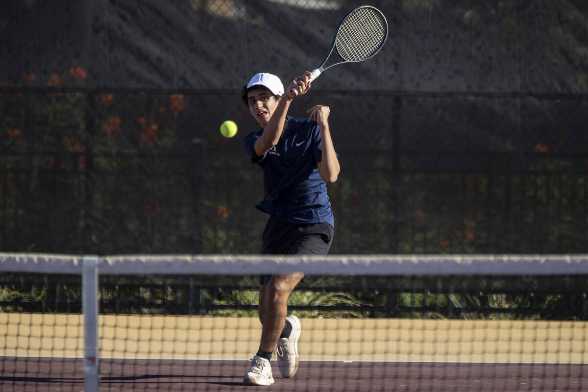 The Meadows senior Ryan Zahri competes during the tennis matches against Faith Lutheran at Fait ...