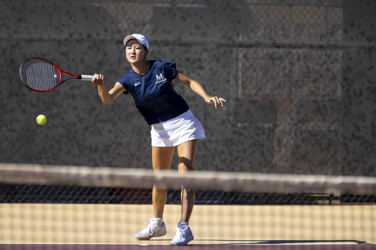 The Meadows senior Sophia Yang competes during the tennis matches against Faith Lutheran at Fai ...