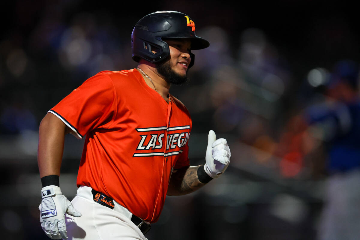 Las Vegas Aviators infielder Jordan Diaz rounds the bases after hitting a home run during a Min ...