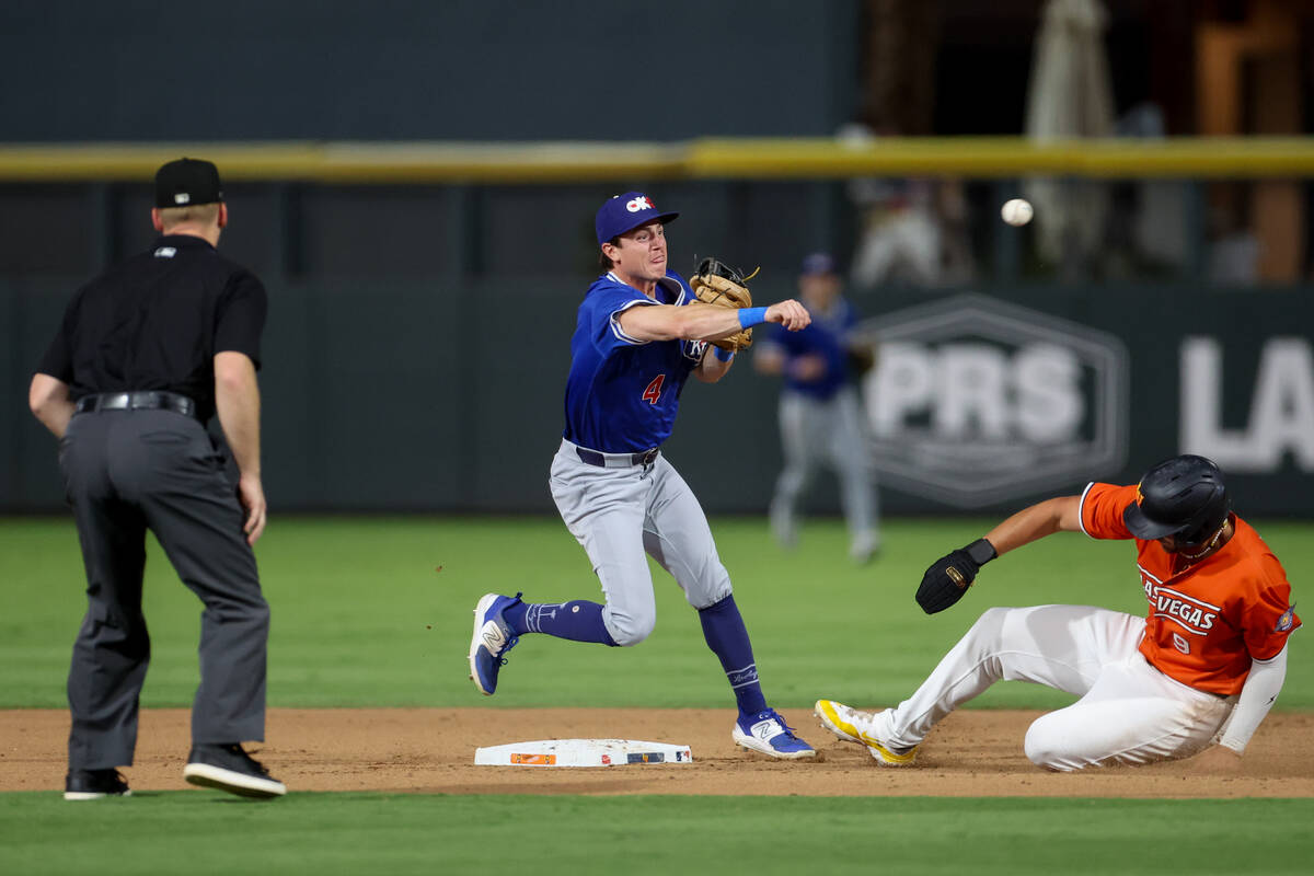 Oklahoma City Baseball Club infielder Austin Gauthier (4) throws to first after getting an out ...