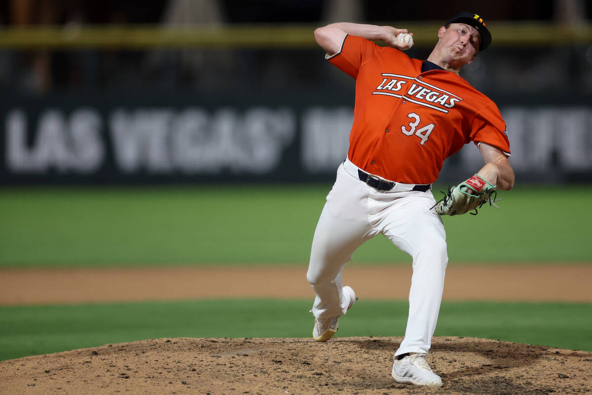 Las Vegas Aviators pitcher Zach Jackson (34) throws to the Oklahoma City Baseball Club during a ...