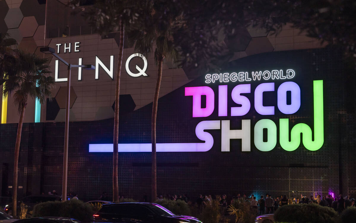 The sign for "DiscoShow" at Linq Hotel is lit up for the first time on Tuesday, Aug. 13, 2024. ...