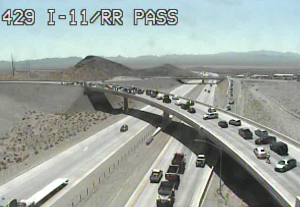 Traffic is snarled on Interstate 11 and Boulder City Parkway as of 1:20 p.m. Friday, Aug.16, 20 ...