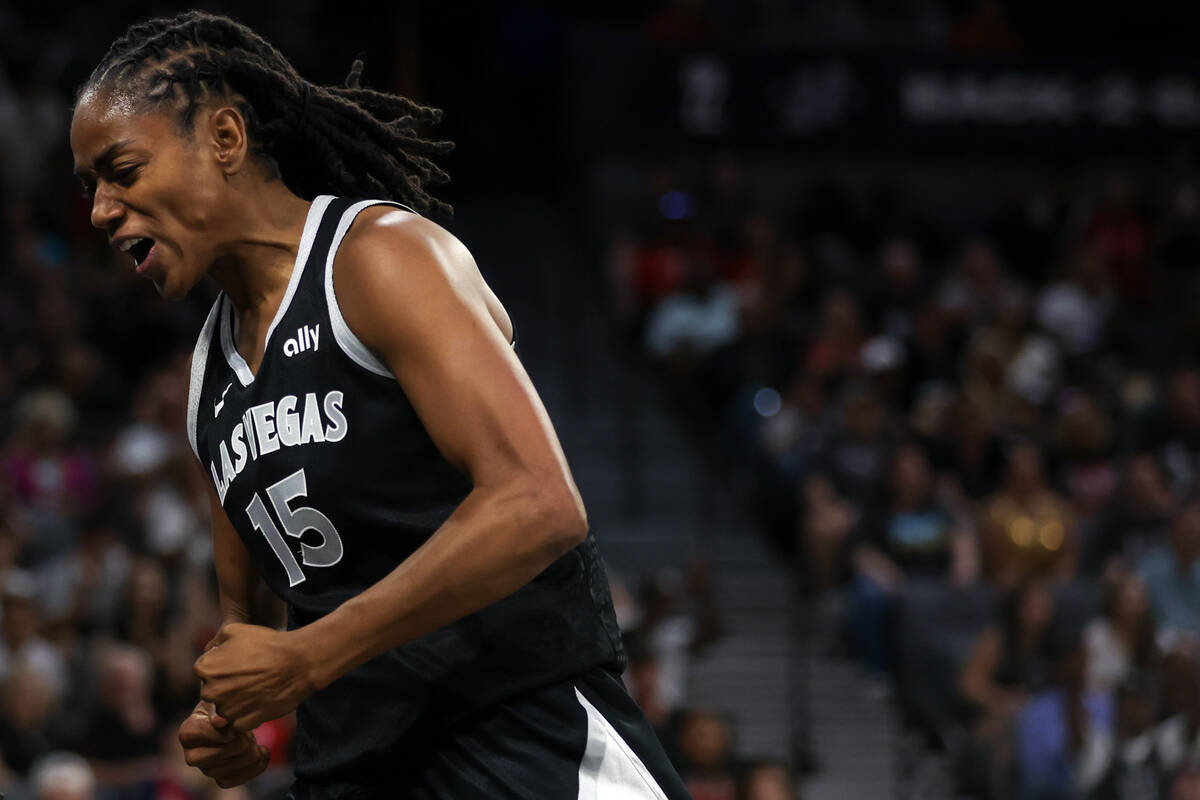 Las Vegas Aces guard Tiffany Hayes (15) celebrates during the first half of a WNBA basketball g ...