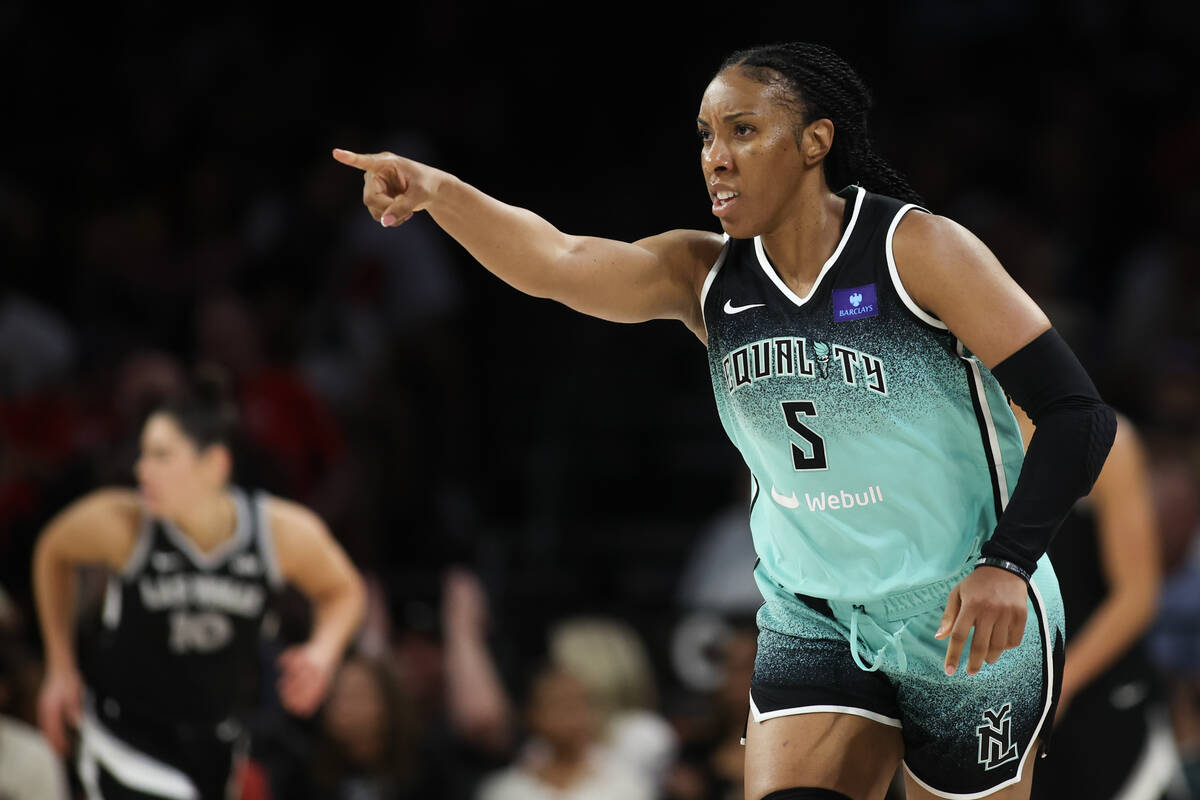 New York Liberty forward Kayla Thornton (5) reacts after scoring during the second half of a WN ...