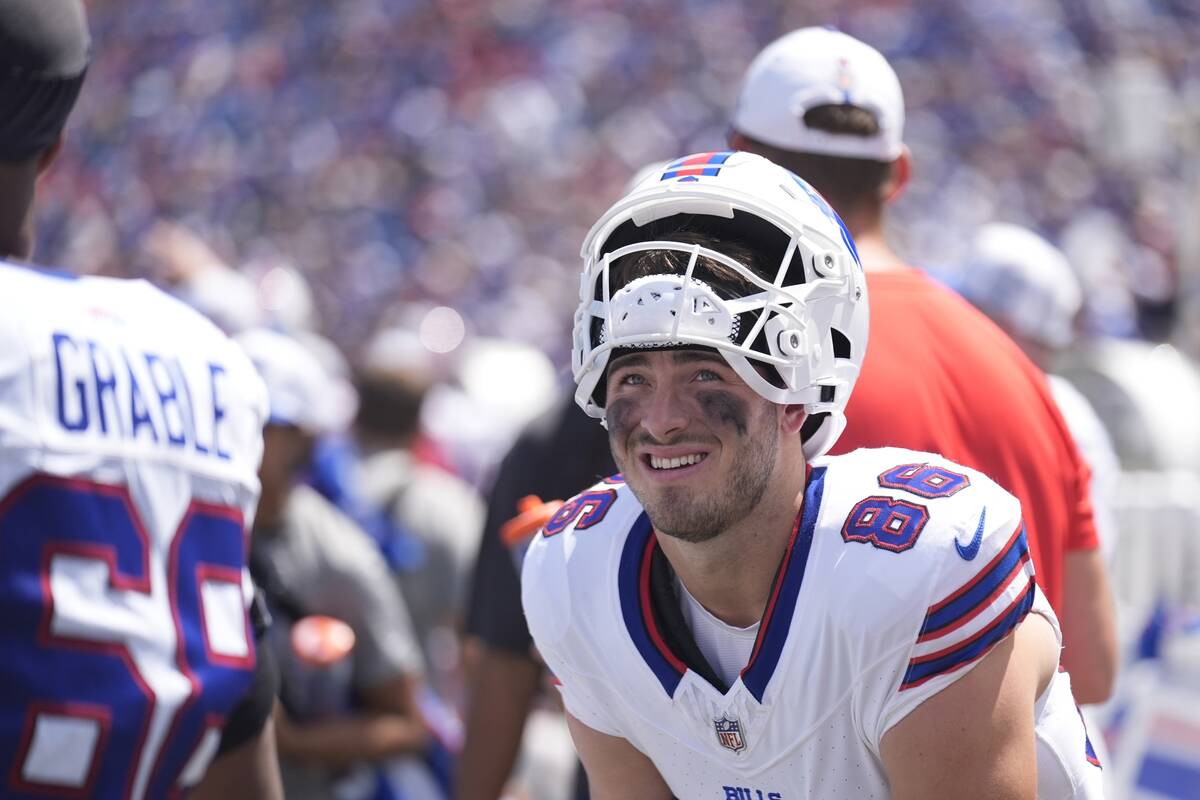 Buffalo Bills tight end Dalton Kincaid looks on during the first half of an preseason NFL footb ...