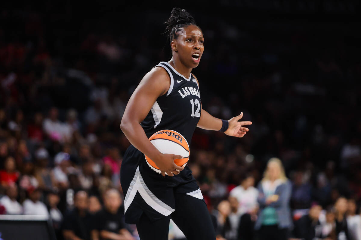 Aces guard Chelsea Gray (12) yells to the referee during a WNBA basketball game between the Ace ...