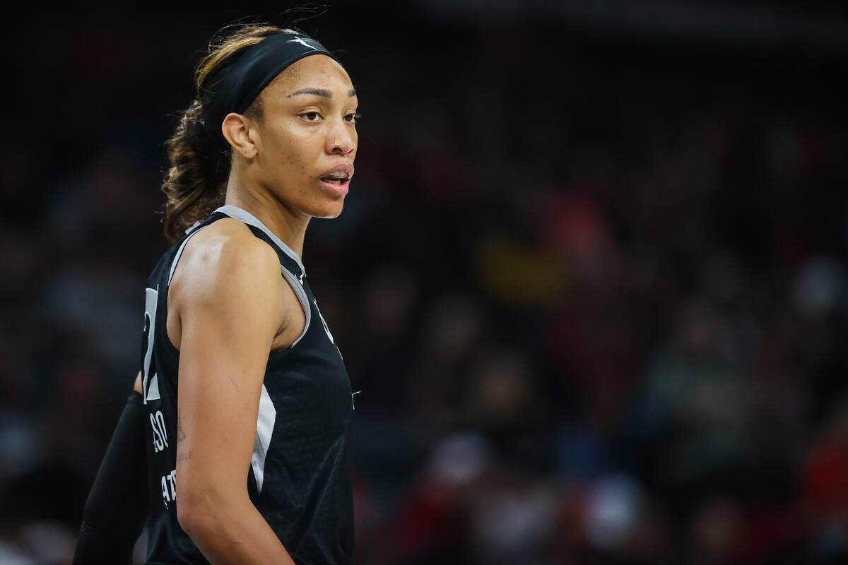 Aces center A'ja Wilson (22) is seen during a WNBA basketball game between the Aces and the Los ...