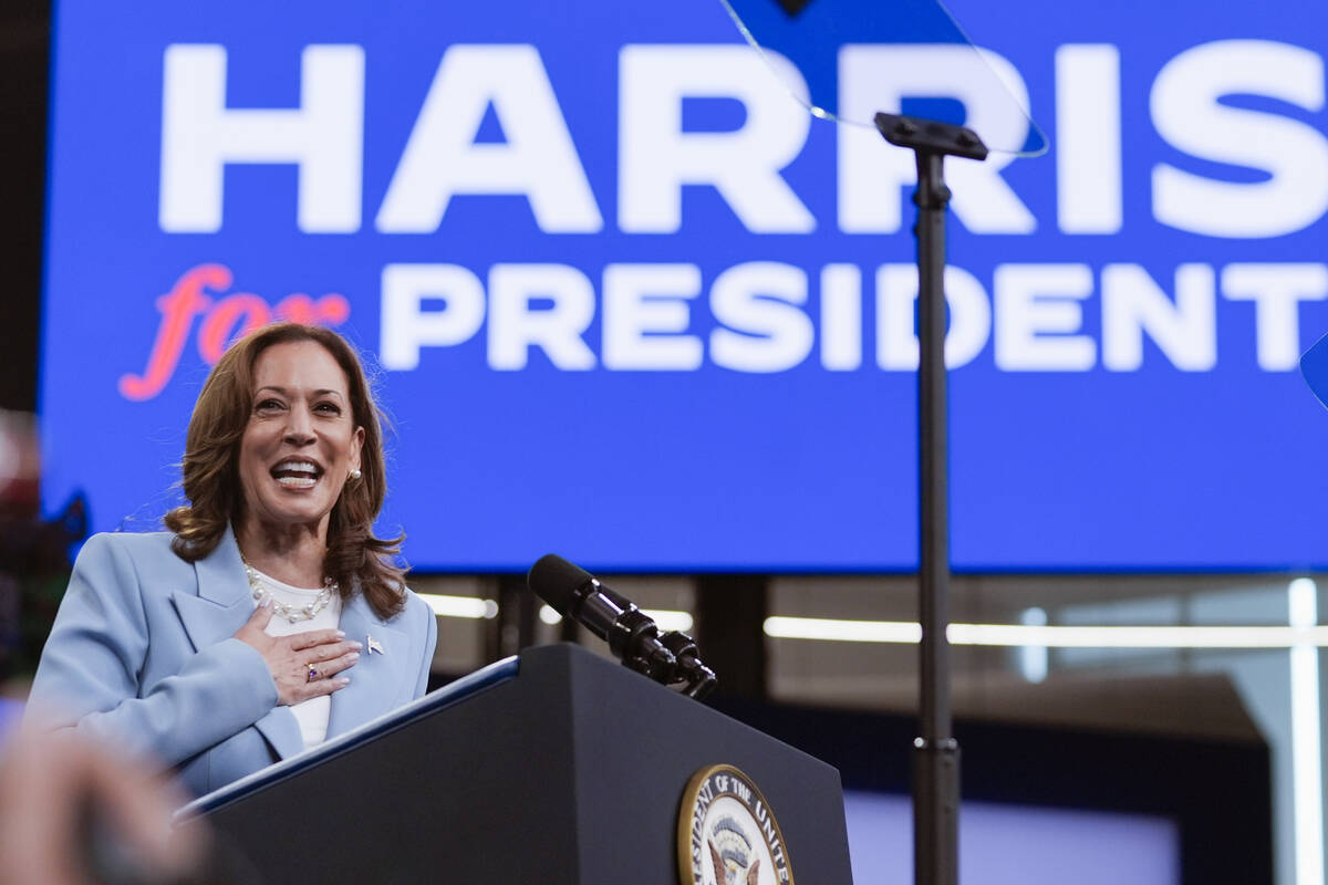 Vice President Kamala Harris speaks during a campaign rally, Tuesday, July 30, 2024, in Atlanta ...