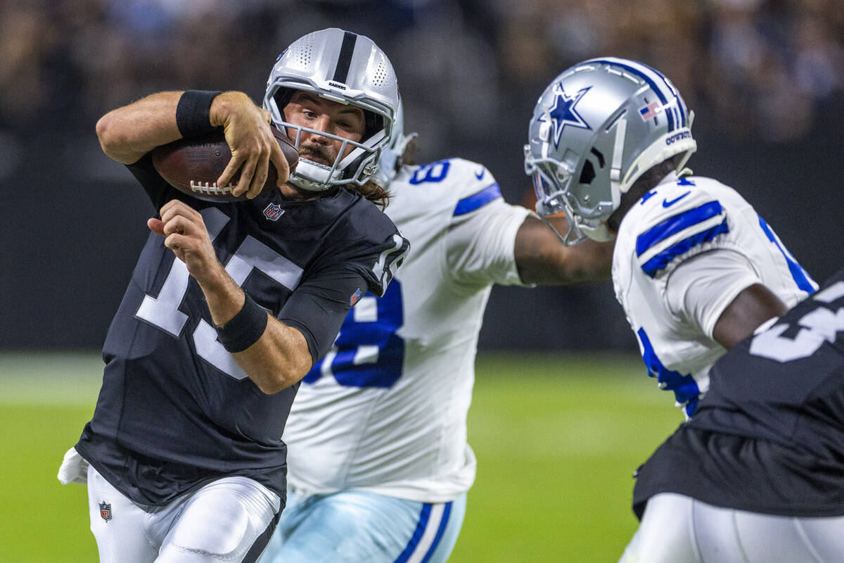 Raiders quarterback Gardner Minshew (15) looks for a yards on the run against the Dallas Cowboy ...