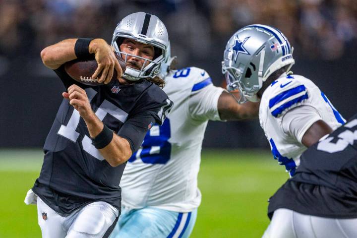 Raiders quarterback Gardner Minshew (15) looks for a yards on the run against the Dallas Cowboy ...