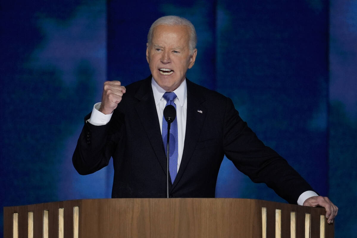 President Joe Biden speaks at the Democratic National Convention on Monday, Aug. 19, 2024, in C ...