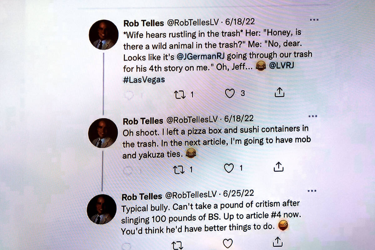 Tweets from Robert Telles are shown on the sixth day of Telles’ murder trial at the Regi ...