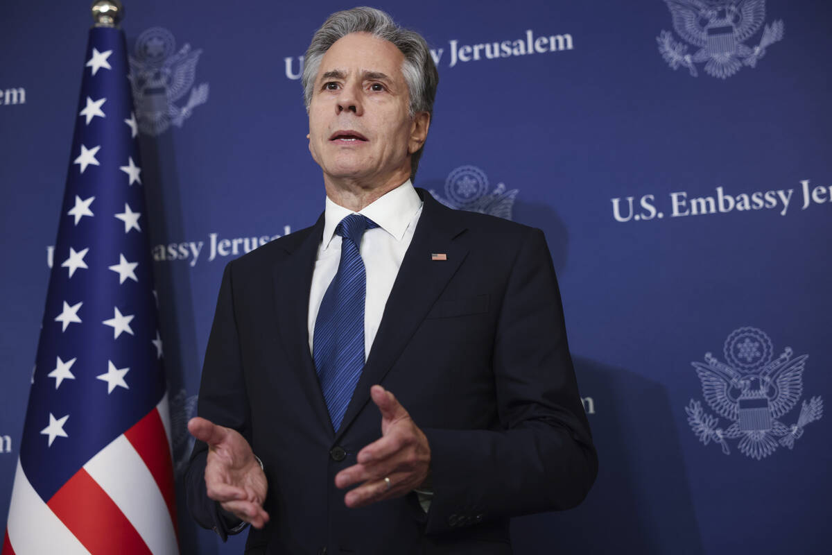 U.S. Secretary of State Antony Blinken speaks to media at the David Kempinski Hotel in Tel Aviv ...