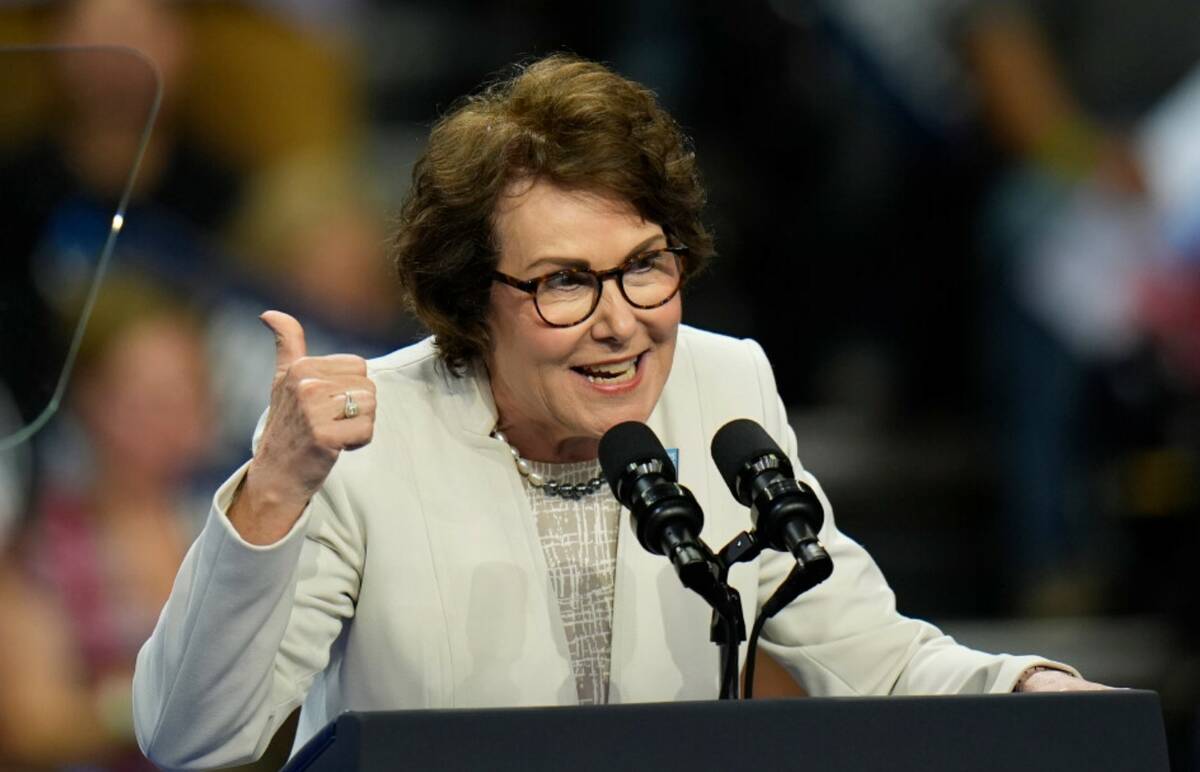 Sen. Jacky Rosen, D-Nev., speaks at at a campaign rally for Democratic presidential nominee Vic ...